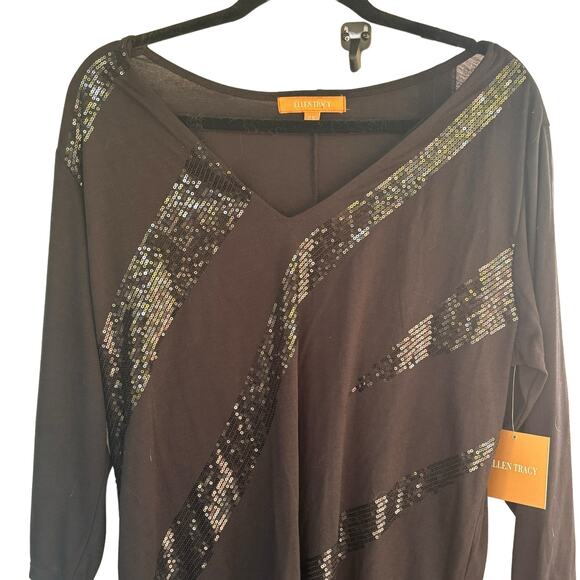 Ellen Tracy Black Tunic Top Black Sequins Womans Plus Sz 2X Long Sleeve Sparkly - Picture 2 of 10